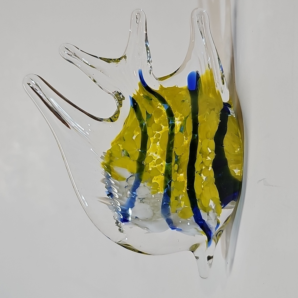 Nautical Coastal Striped Yellow+Blue+White Angel Fish Glass Figurine Paperweight